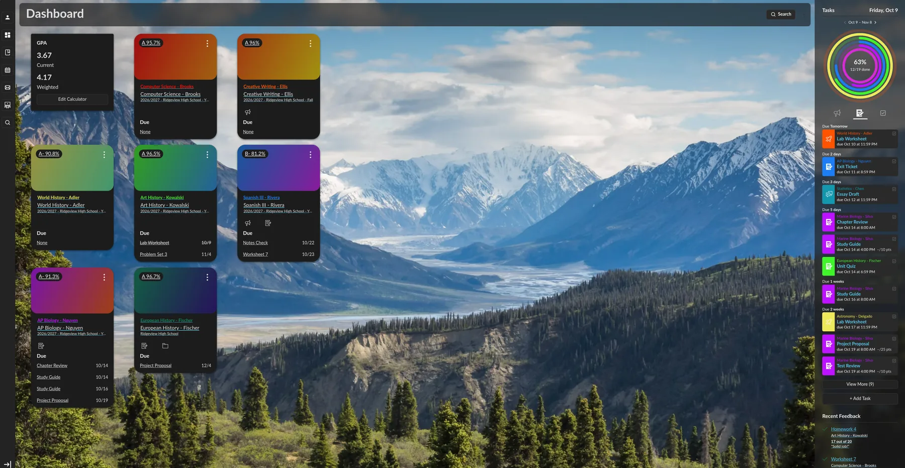 Refined Canvas dashboard with custom background, GPA widget, card grades and the tasks sidebar