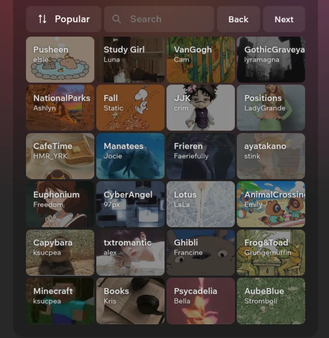 Theme browser showing dozens of community-made Canvas themes